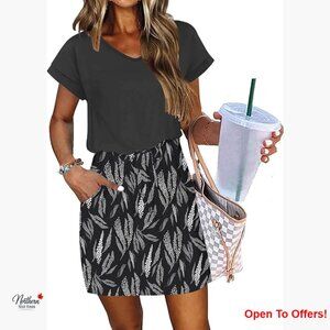 Polyester & Spandex Summer Dress with Pockets V Neck Drawstring Waist